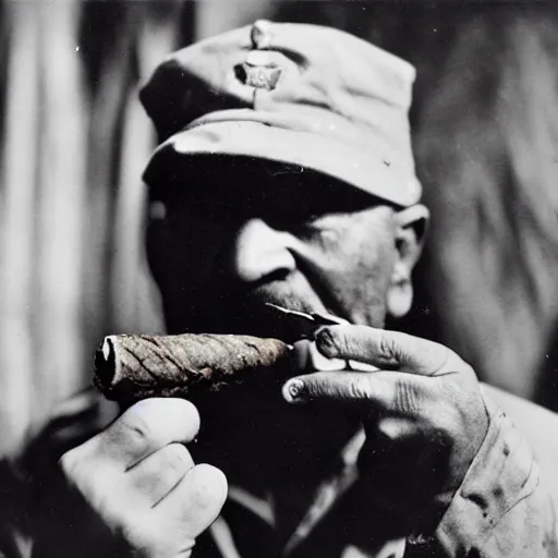 Prompt: grizzled veteran cat smoking a cigar, still from a war documentary, 1952