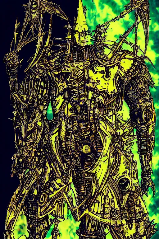 Image similar to carbarian wearing huntsonic ( armor ), in the style of philippe druillet and ionicus, trending on artstation, shaggy lighting low angle view solarpunk, final, futuresynth, multiple exposure, dadaism