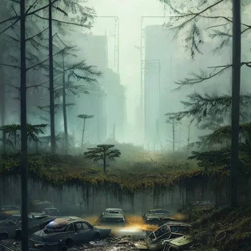 Prompt: postapocalyptic city of munich!!!, wild forest!!! vegetation!!!, small rubble!!, rusty bmw cars!!, hyperrealistic, highly detailed, cinematic, sunny foggy light, beautiful, cgssociety, artstation, 8 k, oil painting by greg rutkowski, by artgerm, by wlop