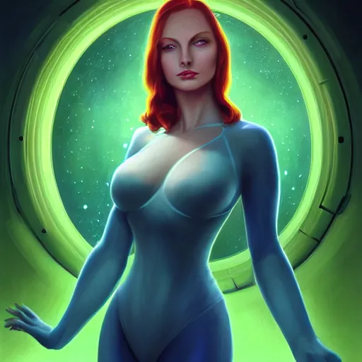 Image similar to Redhead Pleiadian alien human beautiful hybrid feminine woman, with stunning green eyes, cute symmetrical round face and a roundish nose, as a retro futuristic heroine, gorgeous digital painting, artstation, concept art, smooth, sharp focus, illustration, art by artgerm and donato giancola and Joseph Christian Leyendecker, Ross Tran, WLOP