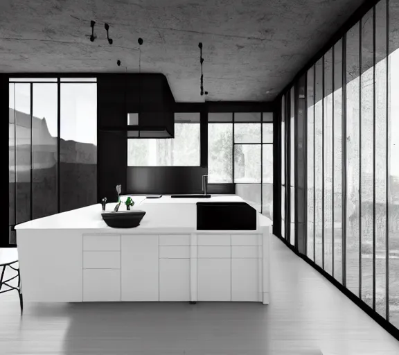 Image similar to brutalist black house kitchen with 2 islands interior design minimalist organic, organic architecture furniture open space high quality octane render blender 8 k