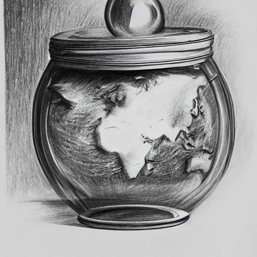 Image similar to planet earth inside an apothecary jar on a desk, pencil drawing, detailed