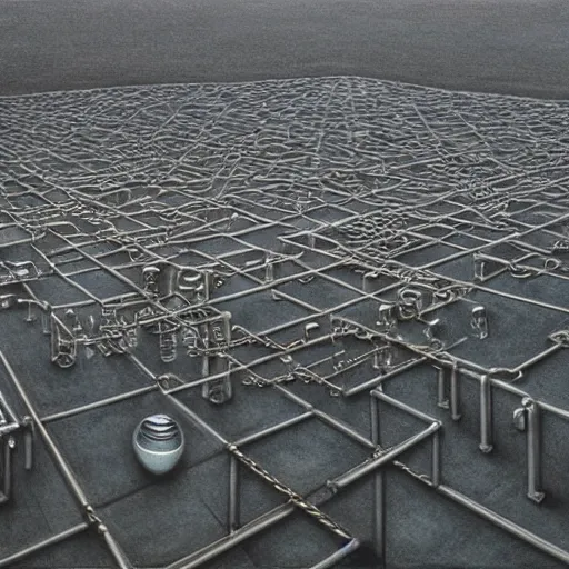 Image similar to A beautiful hyper realistic detailed painting of a chain of blocks, a cybernetic hybrid of 2 gigantic tall skyscaper sized quantum computers and a block calculator machine on a vast black granite tarmac, connected by gold and silver wire cables and chains, by Beksinski, beeple, unreal engine