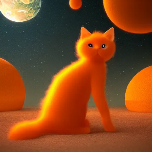 Prompt: A fuzzy orange cat sitting on planet earth, space with stars in the background, trending on artstation, 3D animation, extra detailed