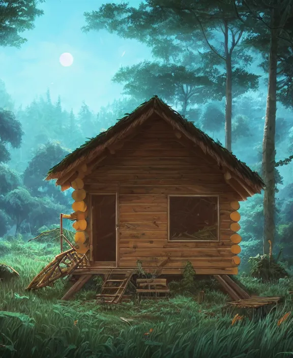 Image similar to a large, simple, cabin made from leaves, overgrown with huge exotic fungus, deep in the woods, sun drenched, partly cloudy, by dan mumford, yusuke murata, makoto shinkai, ross tran, cinematic, unreal engine, cel shaded, featured on artstation, pixiv