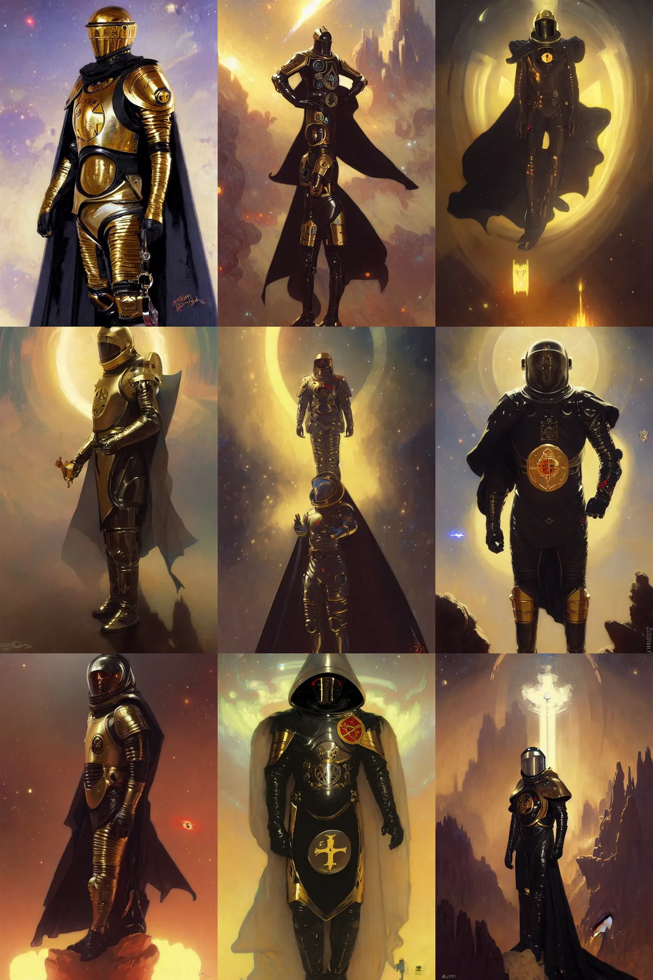 Prompt: knights templar in a space suit with black cape and golden ring, futurism, character design, painting by gaston bussiere, greg rutkowski, artgerm, alphonse mucha, trending on artstation