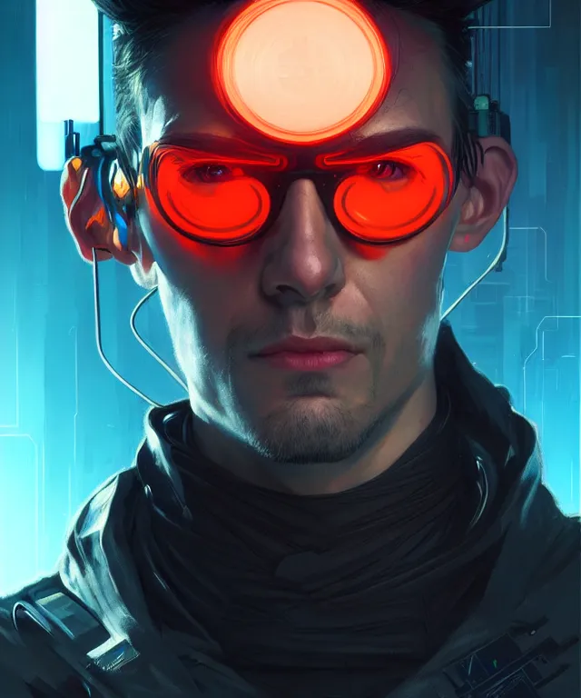 Image similar to Hacker cyberpunk man portrait, highly detailed, digital painting, artstation, concept art, smooth, sharp focus, illustration, art by artgerm and greg rutkowski and alphonse mucha