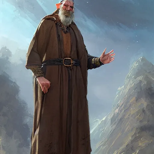 Image similar to A middle aged elf, brown hair and a raised hand, long beard, blue robes with runic symbols, detailed face, highly detailed, cinematic lighting, digital art painting by greg rutkowski.