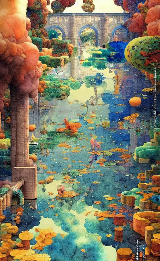 Image similar to dixit card!!!!, tiled room squared waterway, aqueducts, fantasy. intricate, amazing composition, colorful watercolor, by ruan jia, by maxfield parrish, by marc simonetti, by hikari shimoda, by robert hubert, by zhang kechun, illustration, gloomy