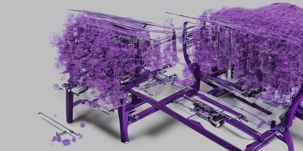 Prompt: a tiny futuristic loom machine that weaves purple threads. the threads gradually turn into a field of purple flowers, aesthetic, intricate, elegant, 8K, concept art, highly detailed, hyper-realistic, polished, artstation