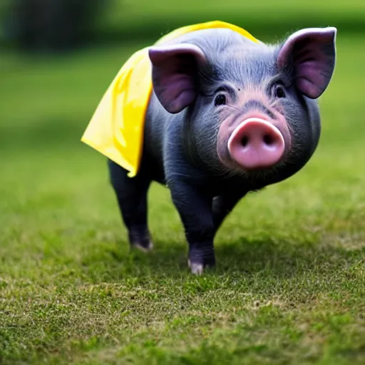 Image similar to photograph of a cute pig walking upright wearing a yellow raincoat