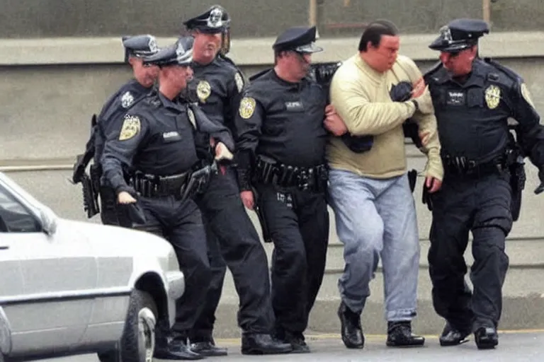 Image similar to sad steven seagal being taken into custody, realistic, detailed