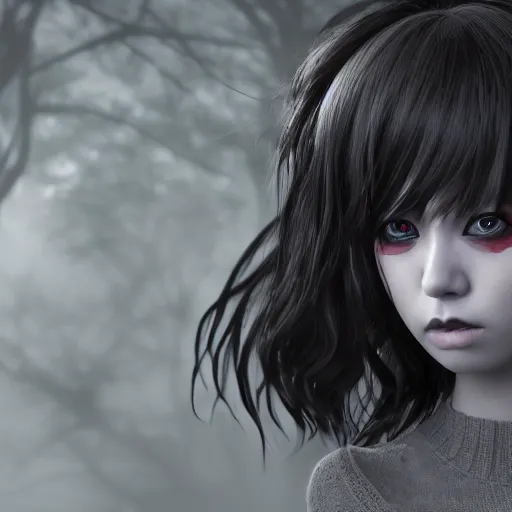 Image similar to photorealistic full shot portrait of angry darkness anime girl, inspired by tim burton, detailed, unreal engine 4 k, volumetric light, fog