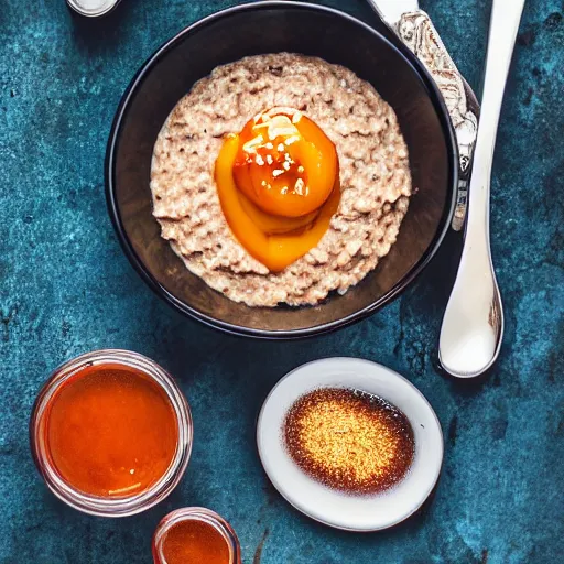 Image similar to oatmeal with ketchup on top, professional food photography,