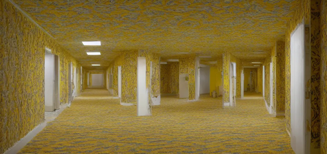 Prompt: a dream like picture of an endless complex of hallways with yellowed wallpaper, yellow moist carpet, and fluorescent lights in the ceiling,