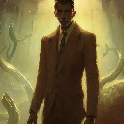 Image similar to a slender gentleman, cosmic horror setting, character portrait by greg rutkowski, gaston bussiere, craig mullins