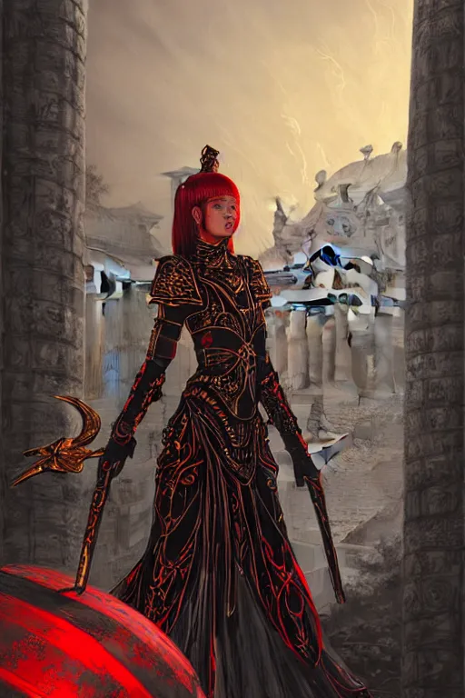 Image similar to portrait knights of Zodiac girl, metallic black and red color reflected armor, in ruin Agora of Athens sunrise, ssci-fi, fantasy, intricate, natural atmosphere, elegant, golden light, highly detailed, digital painting, concept art, smooth, sharp focus, illustration, art by N I X E U and tian zi and WLOP and loish and greg rutkowski