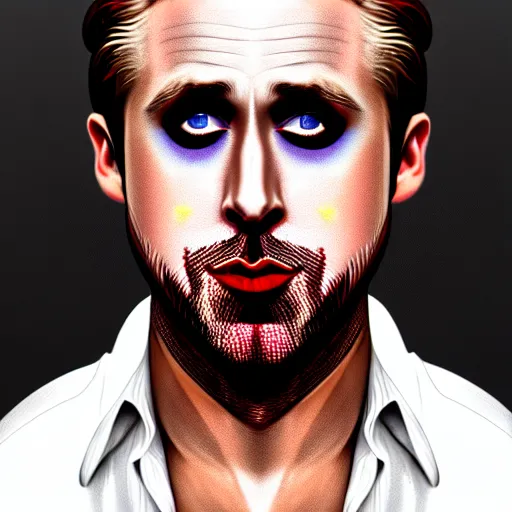 Image similar to ryan gosling with his face painted black and his lips painted red wearing a white shirt, digital art, highly detailed