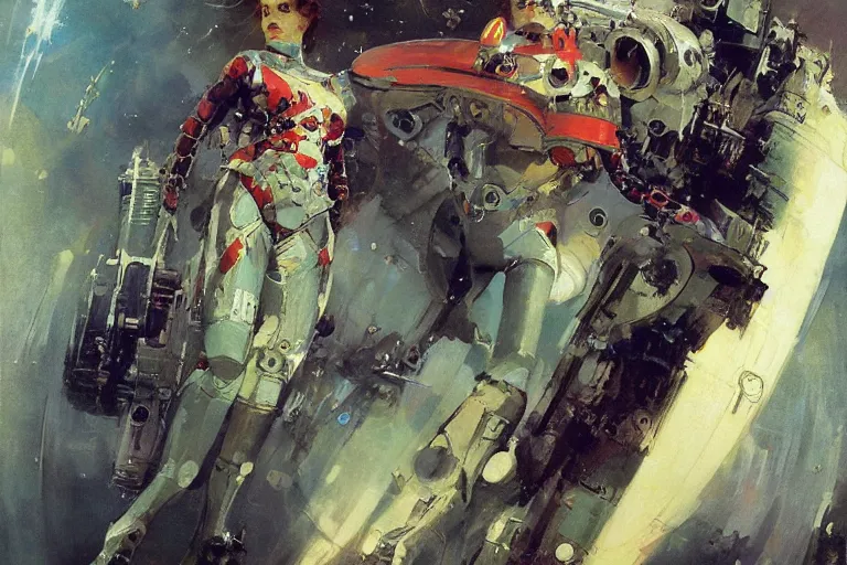 Image similar to pulp scifi fantasy illustration full body portrait of elegant woman wearing spacesuit, by norman rockwell, jack kirby, john berkey, bergey, craig mullins, ruan jia, raymond swanland, jeremy mann, beksinski, tom lovell, rodney matthews