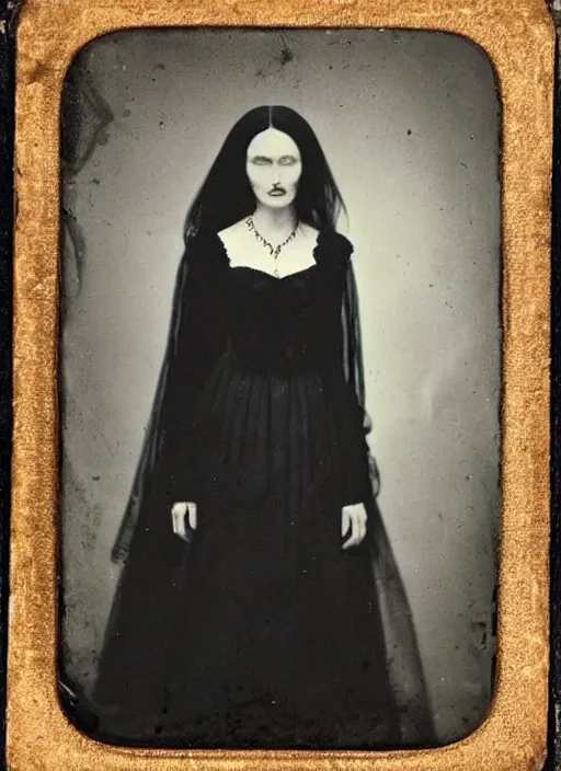 Image similar to daguerreotype ambrotype of the witch with terror aspect, memento mori, very detailed, morticia, black cat