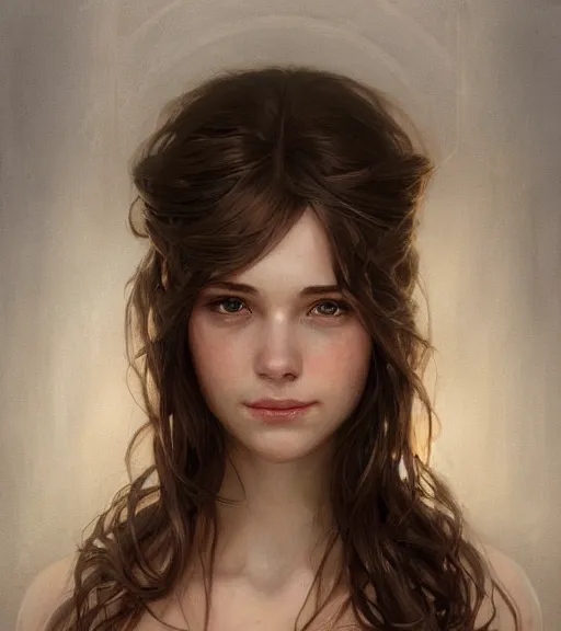 Image similar to portrait of a young woman, soft features, gentle smile, muscular, half body, cloth, brown hair, d & d, fantasy, intricate, highly detailed, digital painting, artstation, concept art, smooth, sharp focus, illustration, art by artgerm and greg rutkowski and alphonse mucha