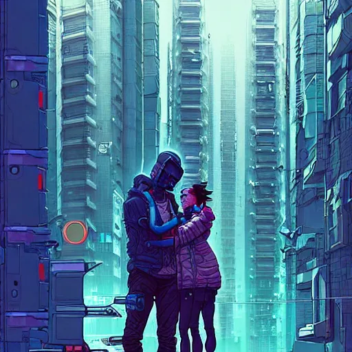 Prompt: A cyberpunk couple has an intimacy on the street of a cyberpunk city art by Josan Gonzalez, sci-fi, highly detailed, digital painting, artstation, smooth, sharp focus, illustration, concept art by Josan Gonzalez and James Gurney and Mœbius