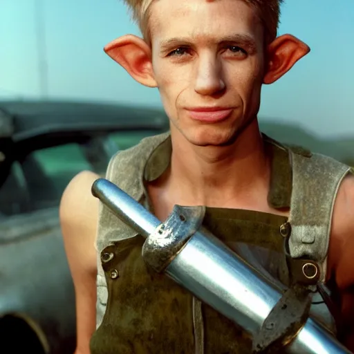 Image similar to close up headshot of a skinny high-fantasy elf with a long face narrow chin and spiky blonde hair wearing dark brown overalls and holding a bomb next to a destroyed car, gel spiked blond hair, high resolution film still, HDR color