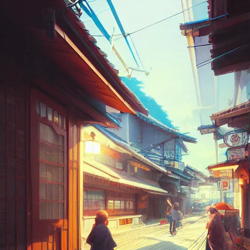 Image similar to walking around ozu city and shimonad station, ehime, japan. volumetric lighting, realistic illustration, perfectly shaded, soft painting, art by krenz cushart and wenjun lin