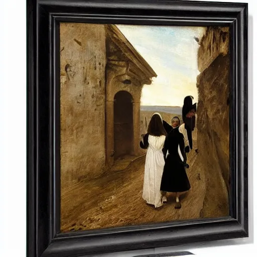 Image similar to young lady and gentleman fleeing the catacombs, by alfred stevens
