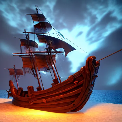 Image similar to pirate ship on a magical ethereal sea, 8k, HDR, cinematic, volumetric lighting, unreal engine 5