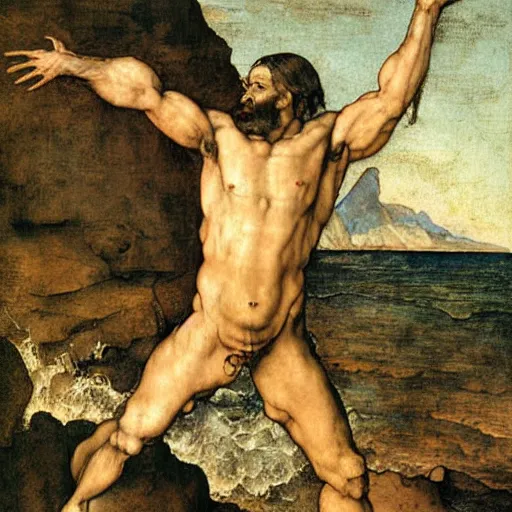 Prompt: muscular man with beard rising from the ocean, painting by Albrecht Dürer