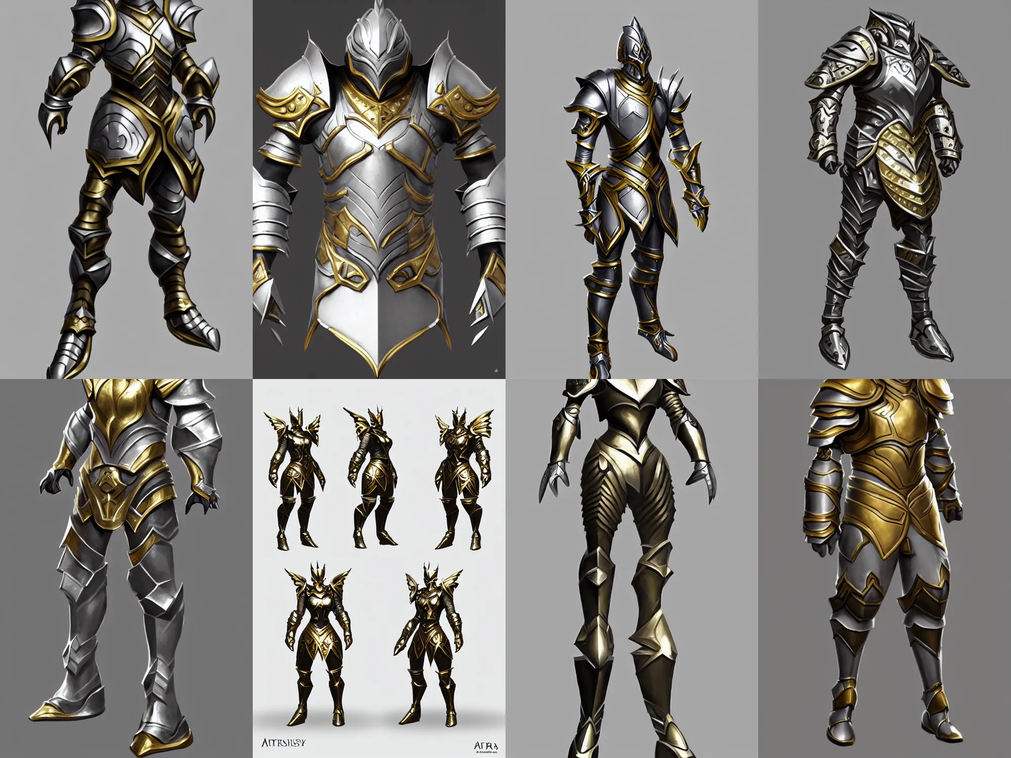 Prompt: heavy disassembled fantasy armor, silver with gold trim, extremely polished, exaggerated proportions, flat shading, smooth, uncluttered, extremely clean, trending on artstation, trending on polycount, fantasy character portrait, professional concept art, front view, A-pose, full body