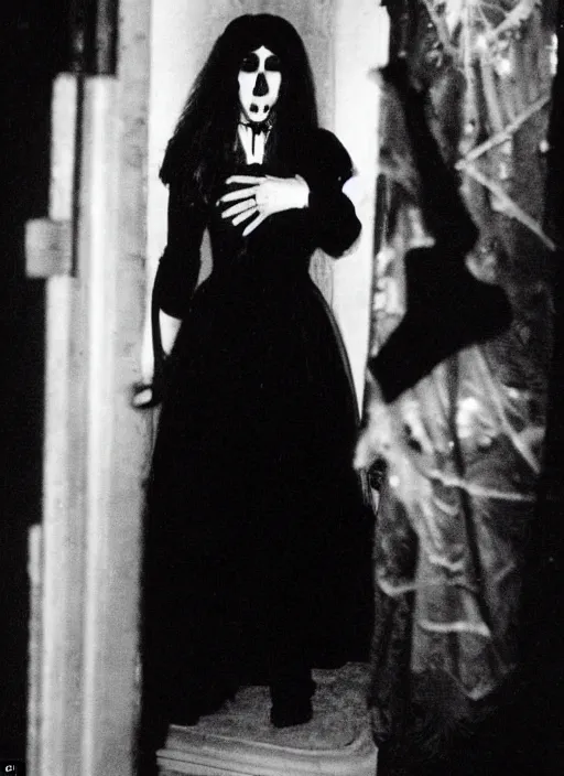 Image similar to candid photo of kate middleton as a gothic vampire in the 1980s, haunted house interior, ghostly figure, scary, 80s aesthetics,