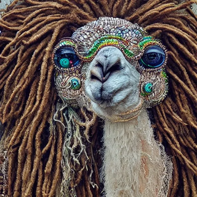 Prompt: llama with dreadlocks, detailed, made from glasses, by ernst haeckel, james jean, el anatsui, mandy jurgens