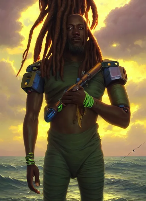 Image similar to portrait of a jamaican fisherman sci - fi fishing armor muscular cyberpunk dreadlocks intricate elegant highly detailed digital painting artstation concept art, ocean splashing background, greg rutkowski, loish, rhads, ferdinand knab, makoto shinkai and lois van baarle, ilya kuvshinov, rossdraws, tom bagshaw