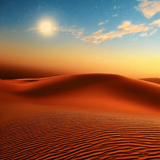 Prompt: endless desert, digital art, devinart, golden hour,