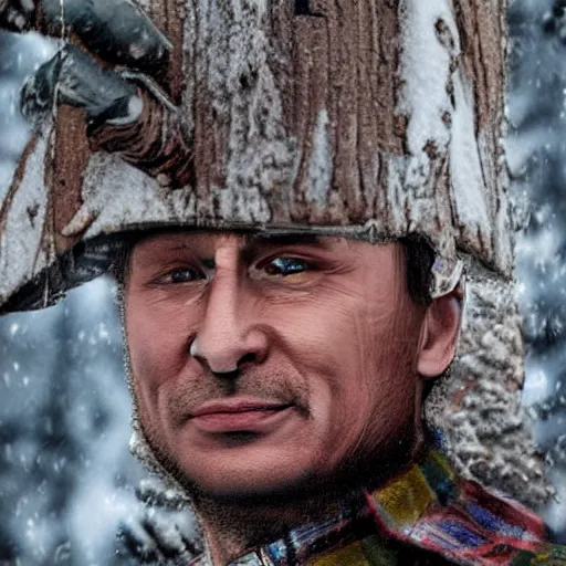 Prompt: Closeup of Vladimir Putin posing as a lumberjack. He has an axe in his hand and is wearing a yellow helmet. He looks very surprised. Hyper realistic photo. Full colour. Extremely detailed facial features.