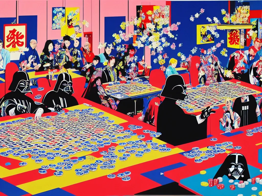 Image similar to hyper - realistic composition of a large room with an extremely detailed poker table in the center, woman in traditional japanese kimono standing nearby, darth vader sitting at the table, fireworks in the background, pop art style, jackie tsai style, andy warhol style, acrylic on canvas, dull palette