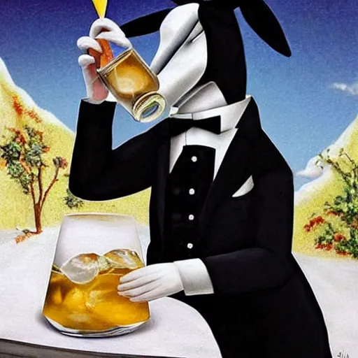 Prompt: hyperrealism, waiter donkey wearing a tuxedo, coming from an iceberg, drinking an ((((ice cocktail)))) with a cherry on top of the cocktail, epic fantasy style art