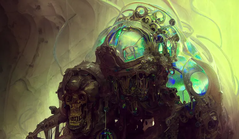 Image similar to muted ombre matte painting beautiful sinister alabaster neogothic skullpunk spirit doctor dismantling the iridescent enchanted intergalactic mecha garden, man machine chimeric beholder polyphemous power crystals psychotropic tessalating frequencies singularity artgerm wlop james jean andrei riabovitchev marc simonetti yoshitaka amano artstation, cgsociety