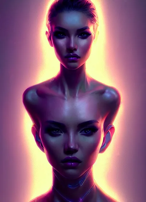 Prompt: portrait of female humanoid in wearable art fashion, intricate, elegant, cyber neon lights, highly detailed, digital photography, artstation, glamor pose, concept art, smooth, sharp focus, art by artgerm and greg rutkowski