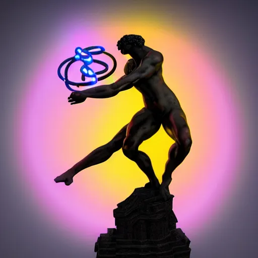 Image similar to a renaissance statue surrounded by a neon ring 3 d render, black background, ray tracing, 8 k resolution, shar focus, hyper detailed, hyper realistic