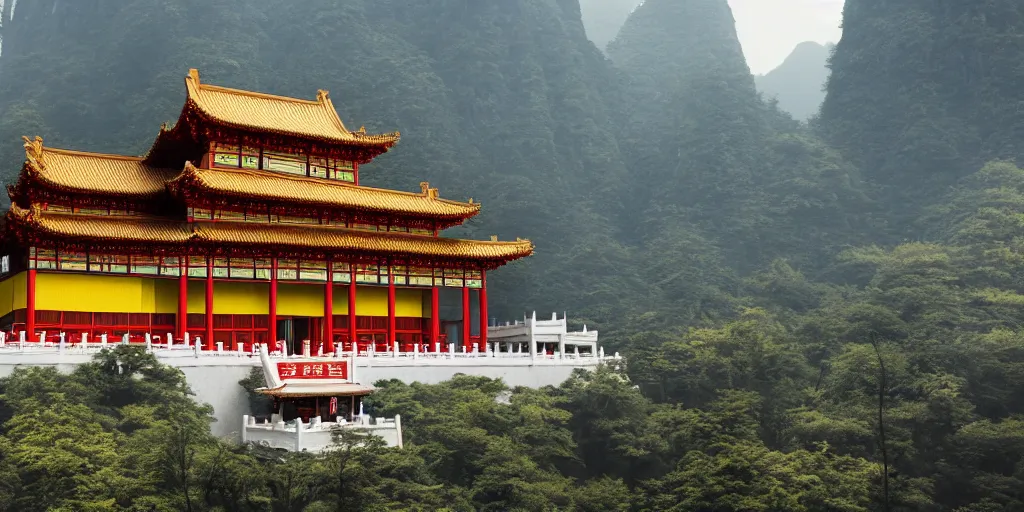 Image similar to a very high resolution image from a new movie, upside - down old yellow chinese temple, beautiful scenery, photorealistic, photography, directed by wes anderson