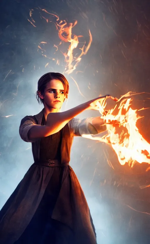 Prompt: Emma Watson casting a fire spell. Digital art trending on artstation. 4k. Tyndall effect.