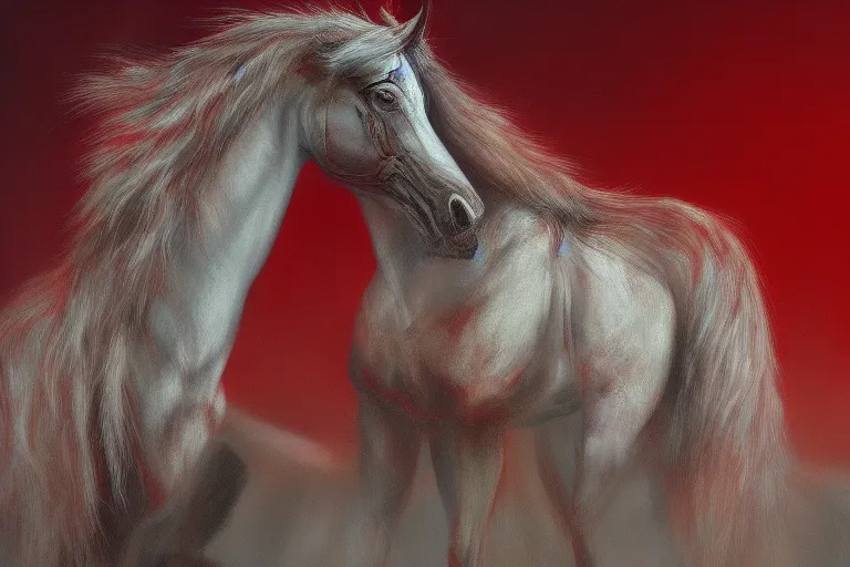 Image similar to a white cyberpunk horses with human heads, in the style of beksinski, intricate and epic composition, red by caravaggio, insanely quality, highly detailed, masterpiece, red light, artstation, 4 k