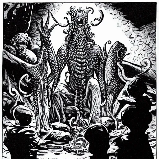 Prompt: Fishmen worship a statue of Cthulu in a dark cave. D&D. Pen and ink. 1980s Black and white. Mike Mignola, Larry Elmore.