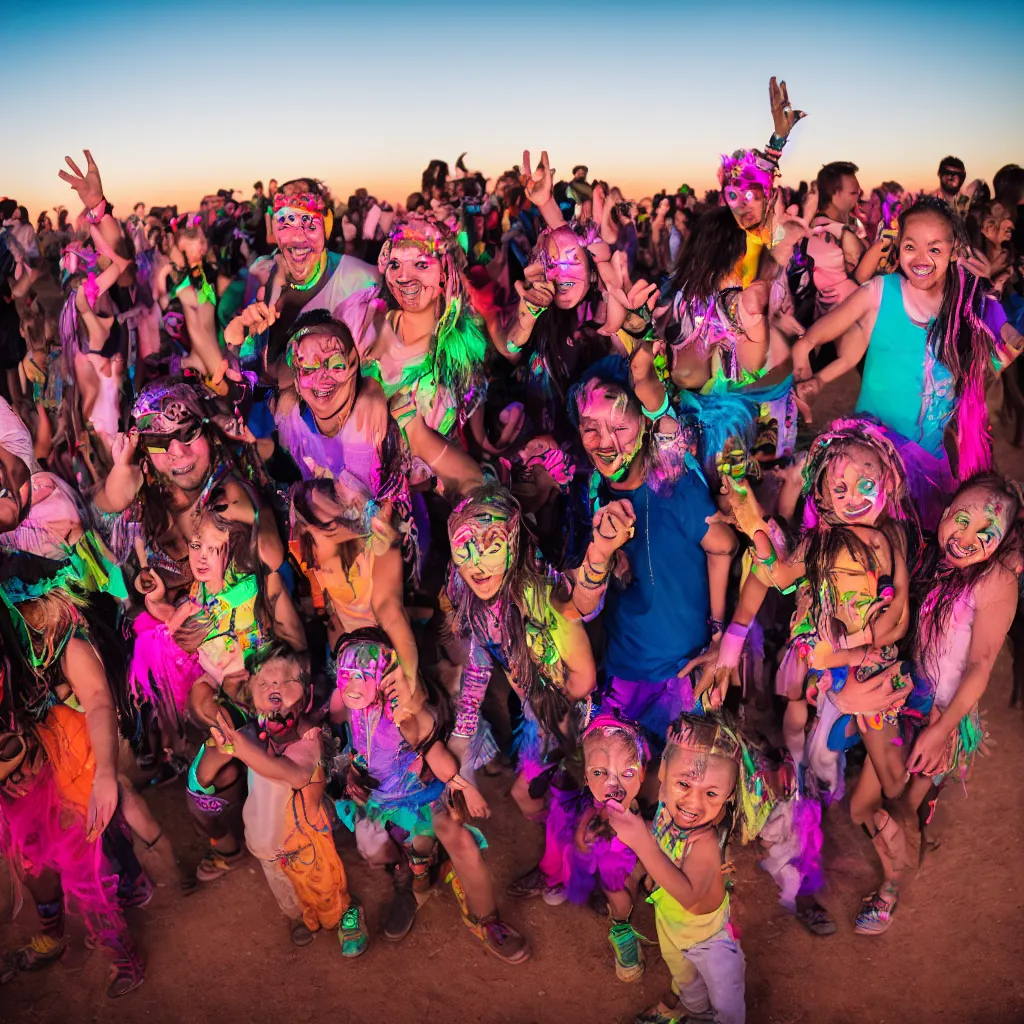 Image similar to family rave in the desert with diverse ages and ethnicities, XF IQ4, 150MP, 50mm, F1.4, ISO 200, 1/160s, dawn