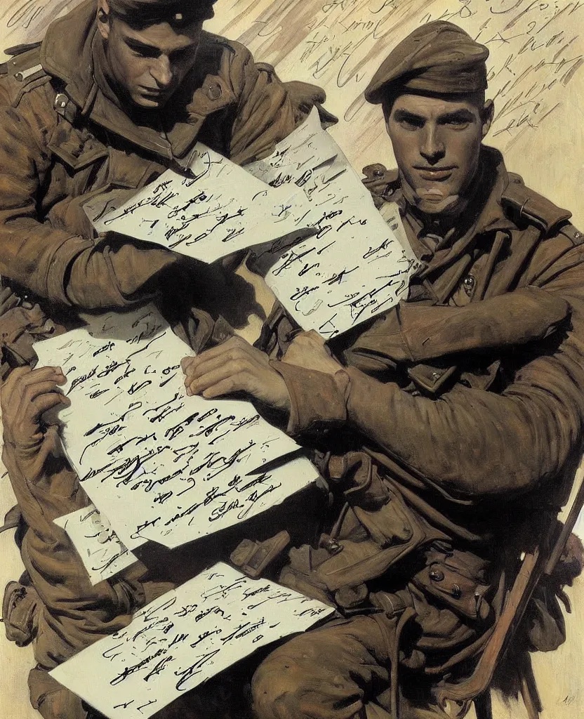 Prompt: a painting of lots of words in a hand written letter by a soldier in el alamein battle, wwii, black and white, jeremy mann, alphonse mucha