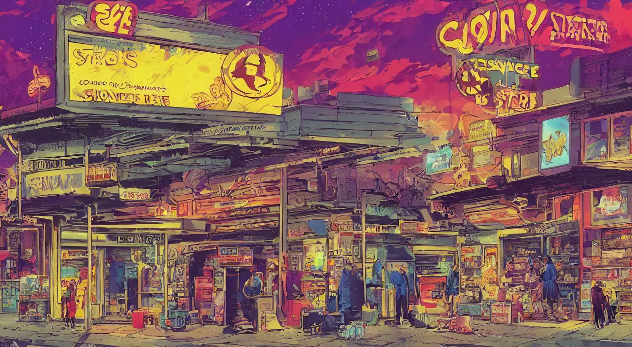 Image similar to convenience store roadside south west night stars sky moon beautiful artstation 4 k breathtaking graphic novel concept art illustration cartoon by jack kirby