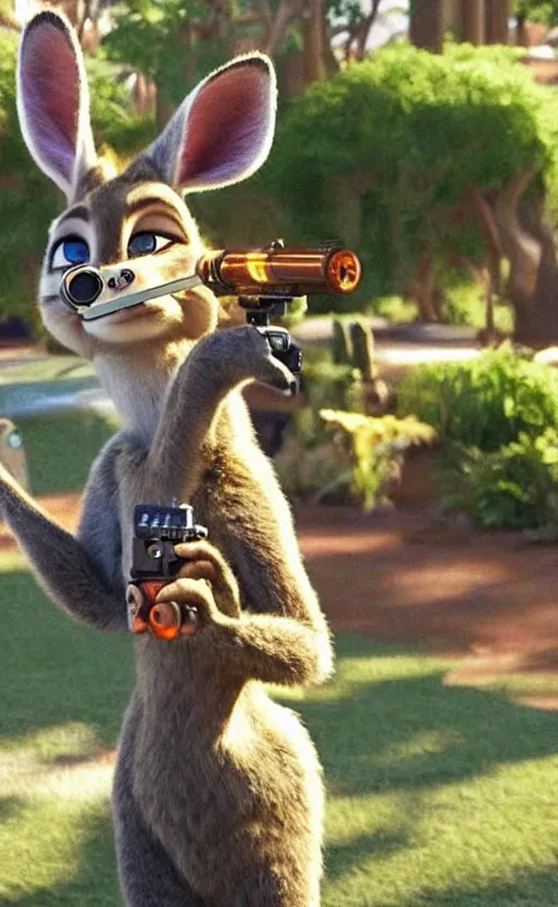 Image similar to “kangaroo in the style of the movie zootopia holding a laser gun and pointing it at the the camera”